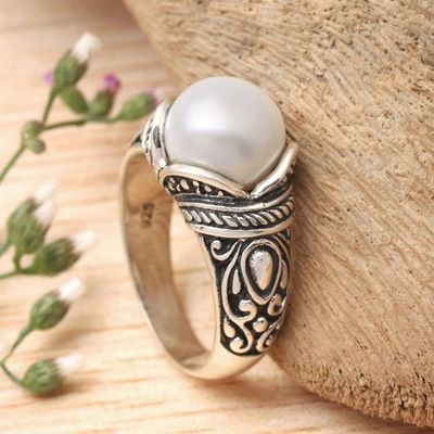 Alternate image for Balinese Sterling Silver and Cultured Pearl Womens Ring Luminous White Blossom