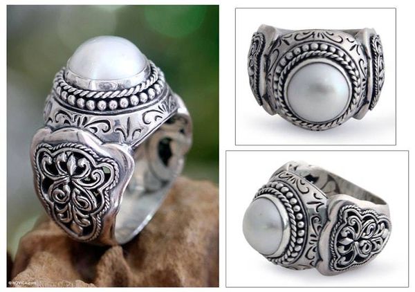 Alternate image for Hand Crafted Pearl and Sterling Silver Dome Ring Princess Fantasy