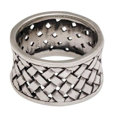 Main image for Wide Sterling Silver Band Ring with Woven Motif Bamboo Mat