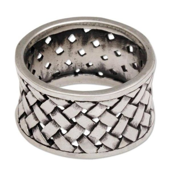 Alternate image for Wide Sterling Silver Band Ring with Woven Motif Bamboo Mat