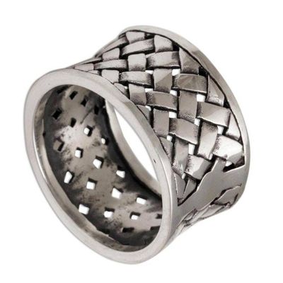 Alternate image for Wide Sterling Silver Band Ring with Woven Motif Bamboo Mat