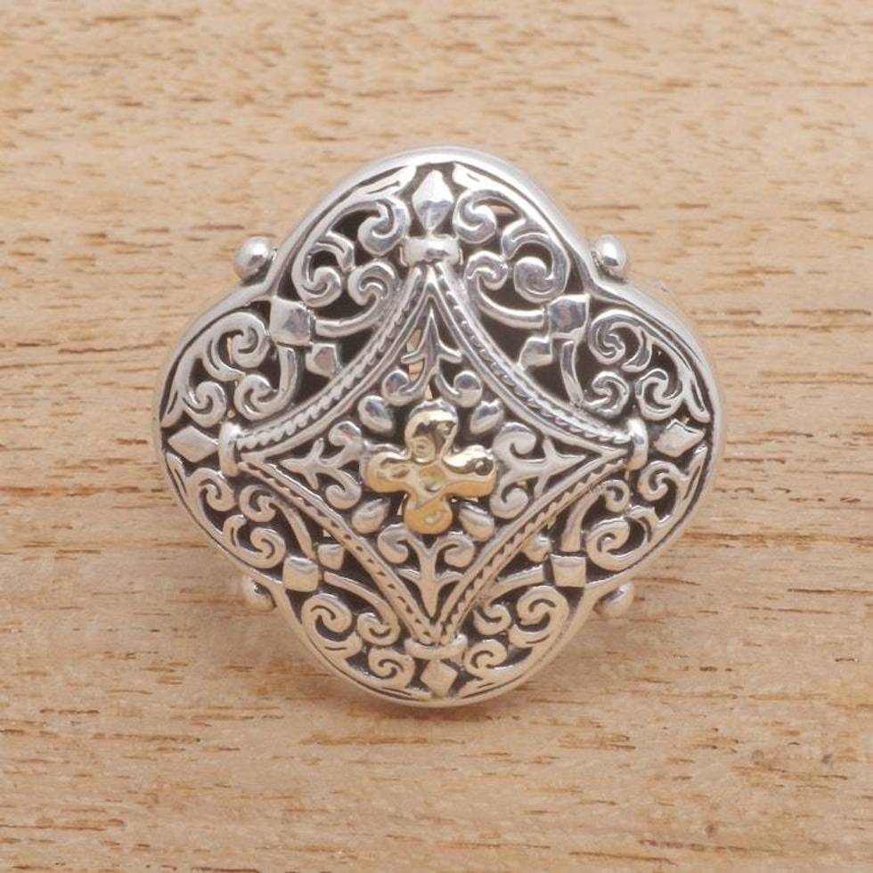 Gold Accented Sterling Silver Cocktail Ring from Bali 'Queen's Pride'