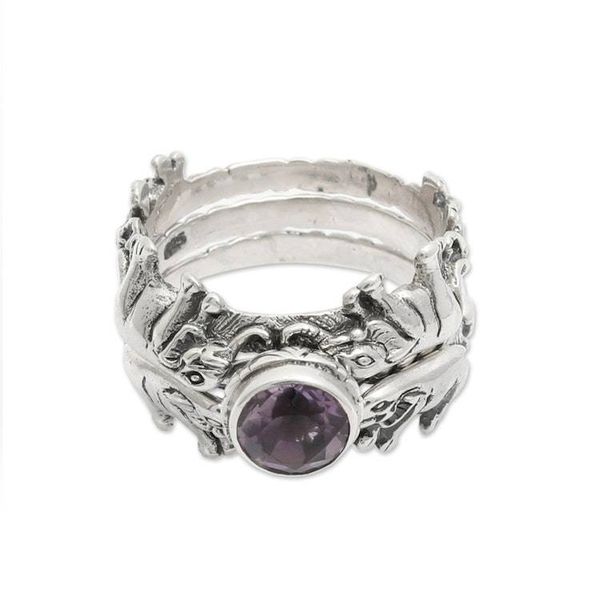 Alternate image for Amethyst and Silver Stacking Rings Set of 3 Indonesia Elephant Shrine