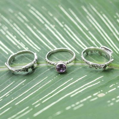 Alternate image for Amethyst and Silver Stacking Rings Set of 3 Indonesia Elephant Shrine