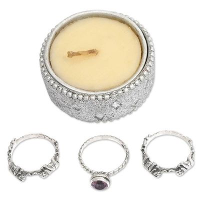 Alternate image for Amethyst and Silver Stacking Rings Set of 3 Indonesia Elephant Shrine