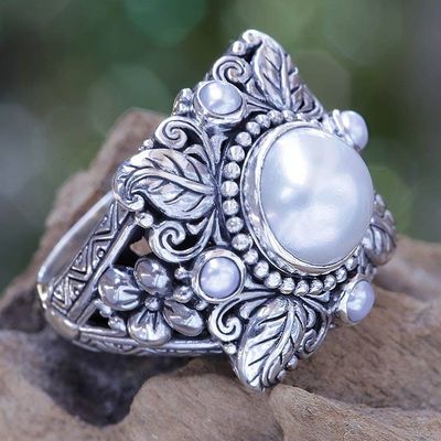 Alternate image for Silvery White Pearls on Sterling Silver Ring Natures Splendor