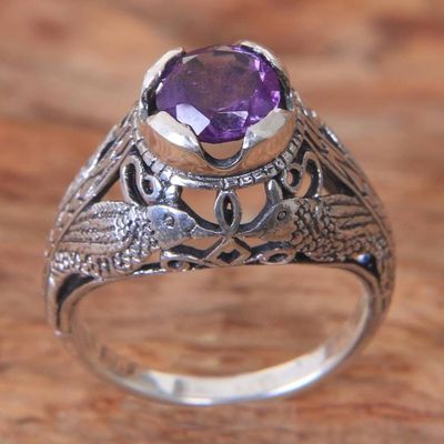 Alternate image for Bird Theme Amethyst and Sterling Silver Balinese Ring Starling Romance