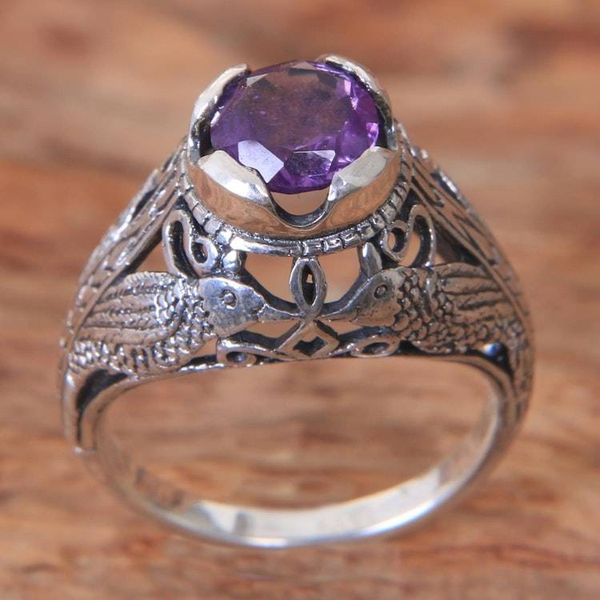 Alternate image for Bird Theme Amethyst and Sterling Silver Balinese Ring Starling Romance