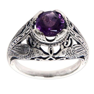 Alternate image for Bird Theme Amethyst and Sterling Silver Balinese Ring Starling Romance