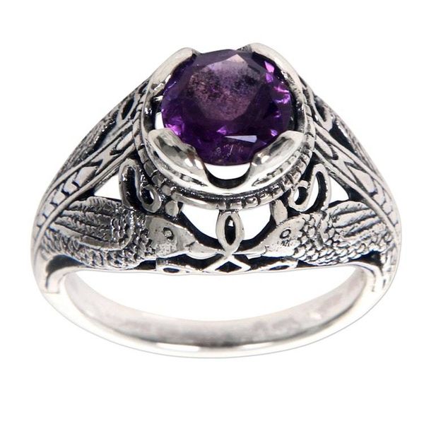Alternate image for Bird Theme Amethyst and Sterling Silver Balinese Ring Starling Romance