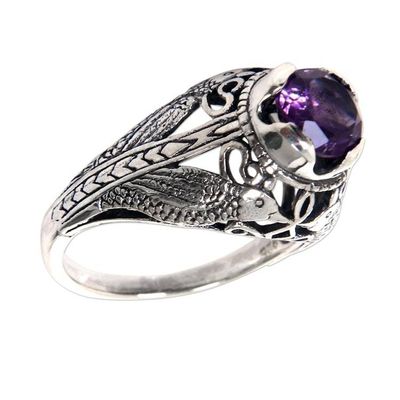 Alternate image for Bird Theme Amethyst and Sterling Silver Balinese Ring Starling Romance