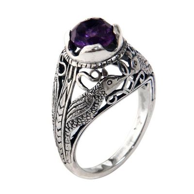 Alternate image for Bird Theme Amethyst and Sterling Silver Balinese Ring Starling Romance