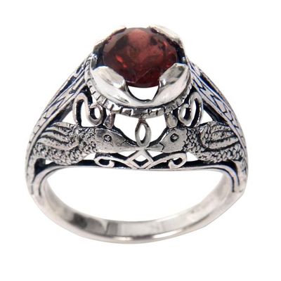 Alternate image for Handcrafted Balinese Bird Theme Silver and Garnet Ring Starling Romance