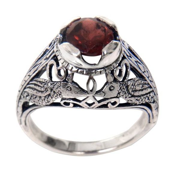 Alternate image for Handcrafted Balinese Bird Theme Silver and Garnet Ring Starling Romance