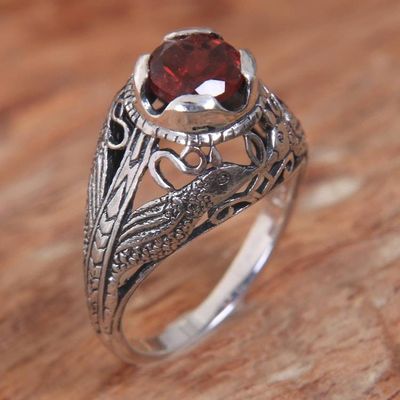 Alternate image for Handcrafted Balinese Bird Theme Silver and Garnet Ring Starling Romance