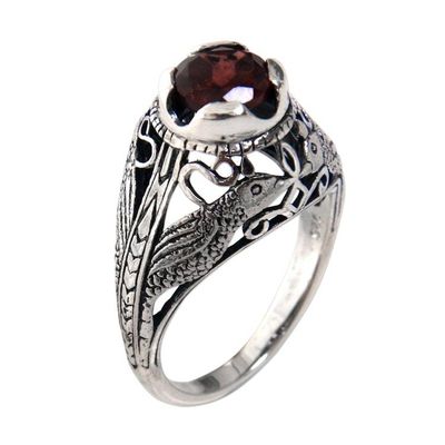 Alternate image for Handcrafted Balinese Bird Theme Silver and Garnet Ring Starling Romance