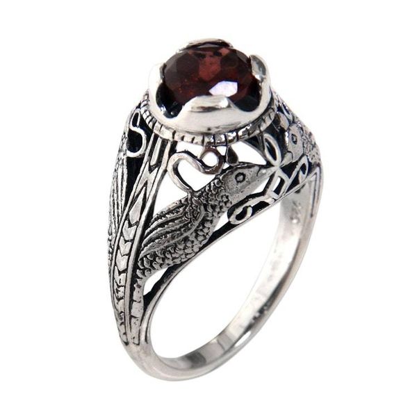 Alternate image for Handcrafted Balinese Bird Theme Silver and Garnet Ring Starling Romance