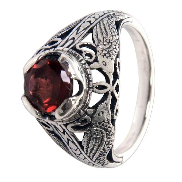 Alternate image for Handcrafted Balinese Bird Theme Silver and Garnet Ring Starling Romance