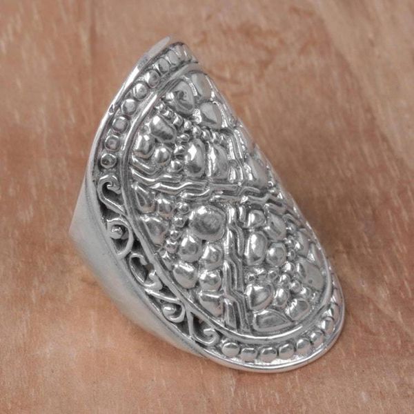 Alternate image for Indonesian Handmade Sterling Silver Ring with Swirl Motifs Stone Shield