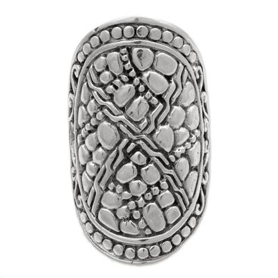 Alternate image for Indonesian Handmade Sterling Silver Ring with Swirl Motifs Stone Shield
