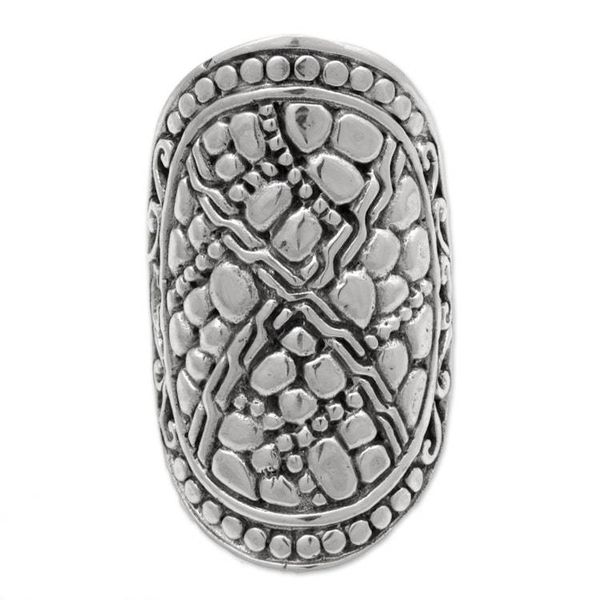 Alternate image for Indonesian Handmade Sterling Silver Ring with Swirl Motifs Stone Shield