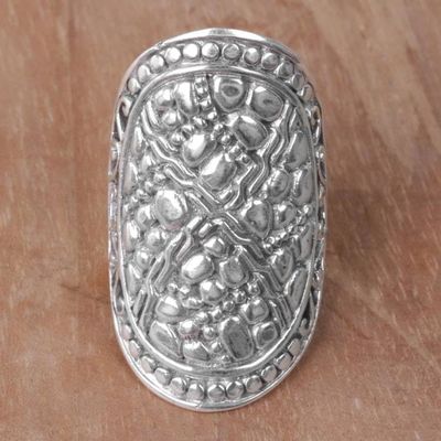 Alternate image for Indonesian Handmade Sterling Silver Ring with Swirl Motifs Stone Shield