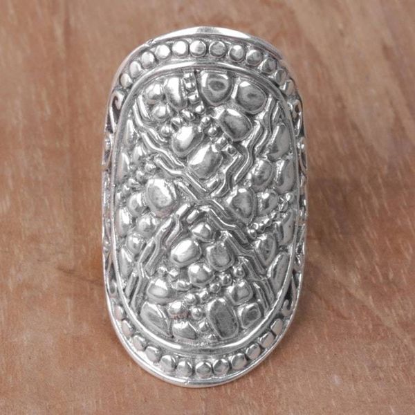 Alternate image for Indonesian Handmade Sterling Silver Ring with Swirl Motifs Stone Shield