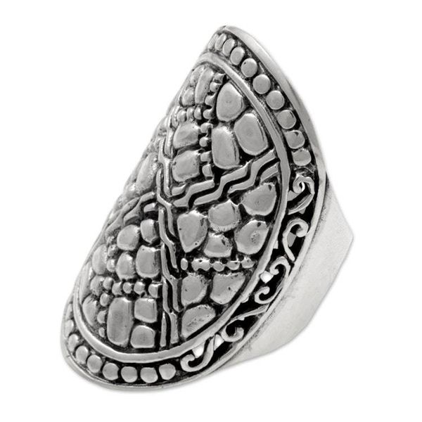 Alternate image for Indonesian Handmade Sterling Silver Ring with Swirl Motifs Stone Shield