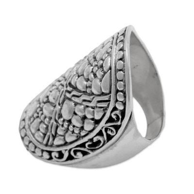 Alternate image for Indonesian Handmade Sterling Silver Ring with Swirl Motifs Stone Shield