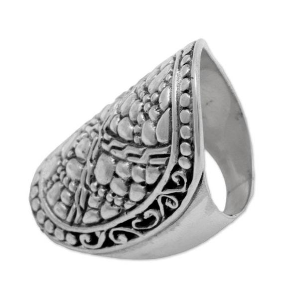 Alternate image for Indonesian Handmade Sterling Silver Ring with Swirl Motifs Stone Shield