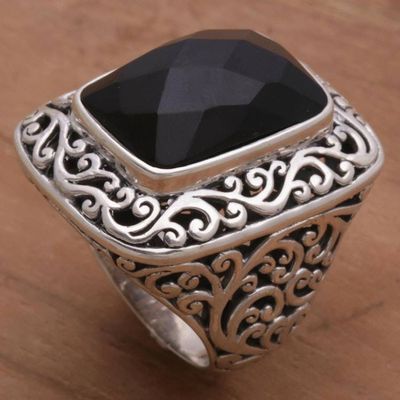 Alternate image for Onyx and Sterling Silver Cocktail Ring by Balinese Artisans Spiraling Black