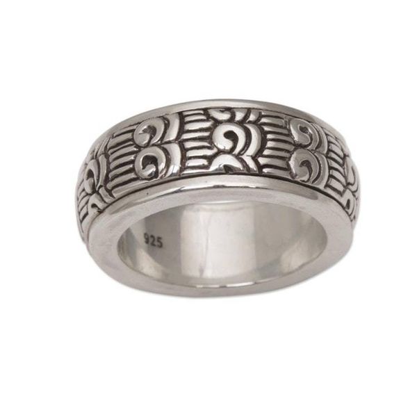 Alternate image for Unisex Sterling Silver Spinner Ring with Buddhist Motifs Samsi Spin