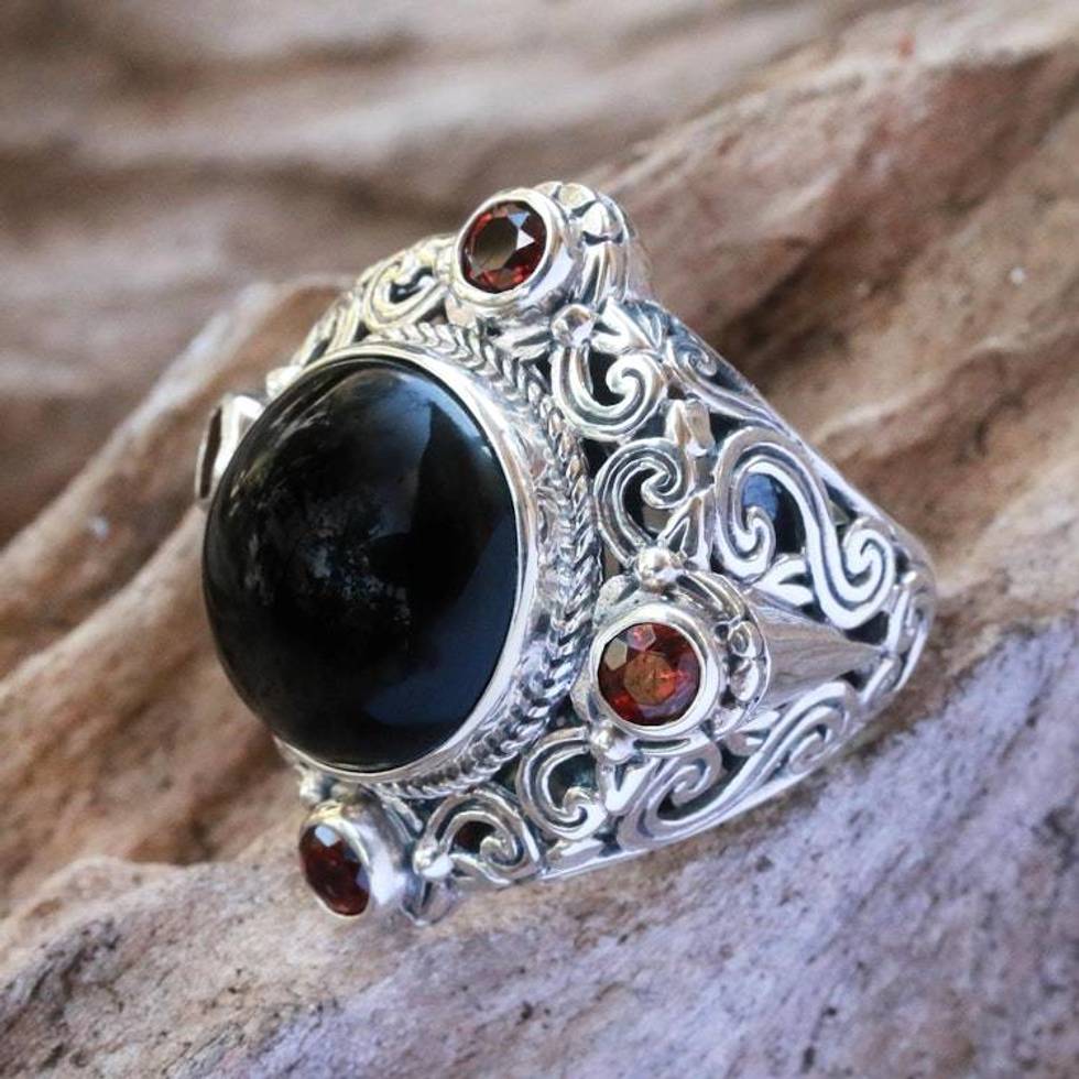 Onyx and Garnet Cocktail Ring Crafted in Bali 'Regal Blessing'
