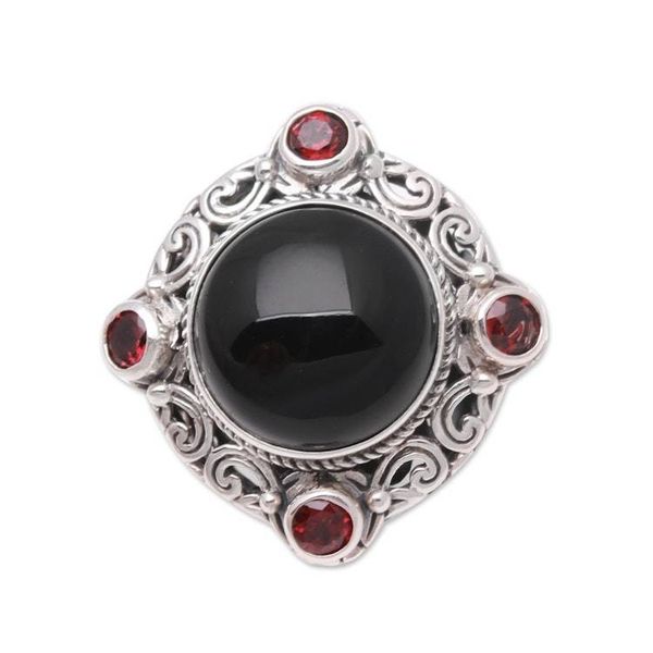 Alternate image for Onyx and Garnet Cocktail Ring Crafted in Bali Regal Blessing