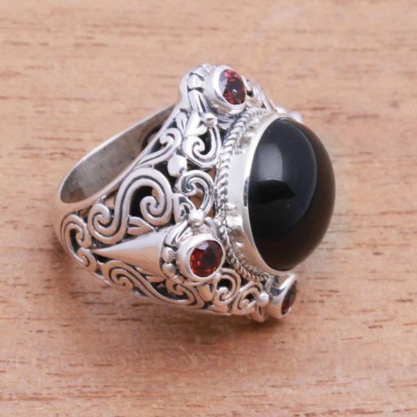 Alternate image for Onyx and Garnet Cocktail Ring Crafted in Bali Regal Blessing