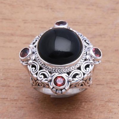 Alternate image for Onyx and Garnet Cocktail Ring Crafted in Bali Regal Blessing