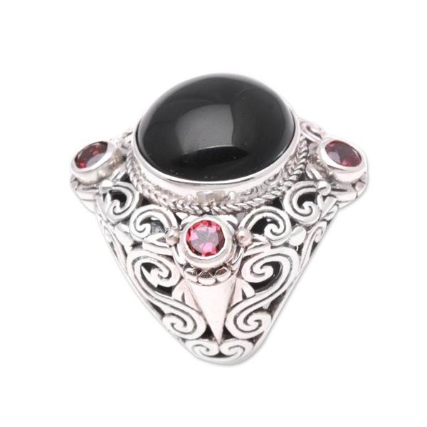 Alternate image for Onyx and Garnet Cocktail Ring Crafted in Bali Regal Blessing