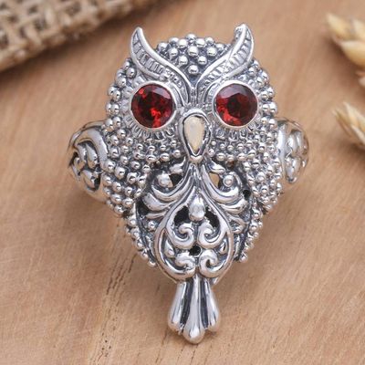 Alternate image for Handcrafted Sterling Silver and Garnet Ring Precious Owl