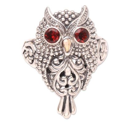 Alternate image for Handcrafted Sterling Silver and Garnet Ring Precious Owl