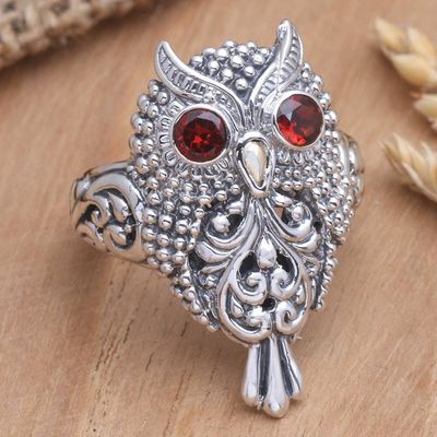 Alternate image for Handcrafted Sterling Silver and Garnet Ring Precious Owl