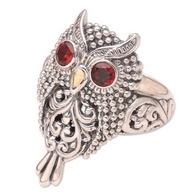 Alternate image for Handcrafted Sterling Silver and Garnet Ring Precious Owl