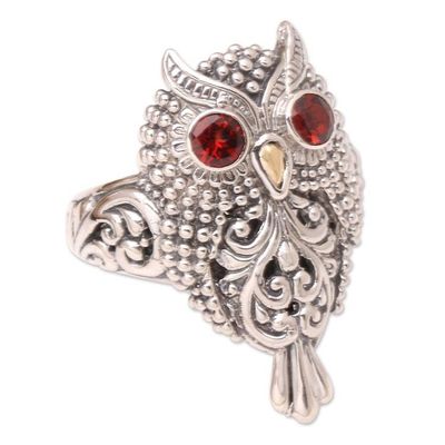 Alternate image for Handcrafted Sterling Silver and Garnet Ring Precious Owl
