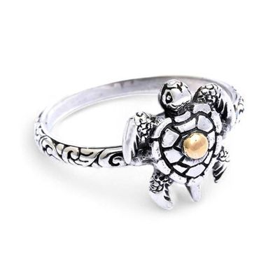Alternate image for 18k Gold-Accented Silver Cocktail Ring with Turtle Motif Baby Turtle