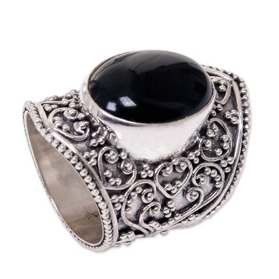 Hand Made Sterling Silver and Onyx Ring from Indonesia 'Moonlight in Black'