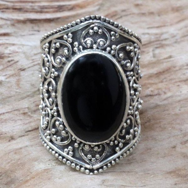 Alternate image for Hand Made Sterling Silver and Onyx Ring from Indonesia Moonlight in Black