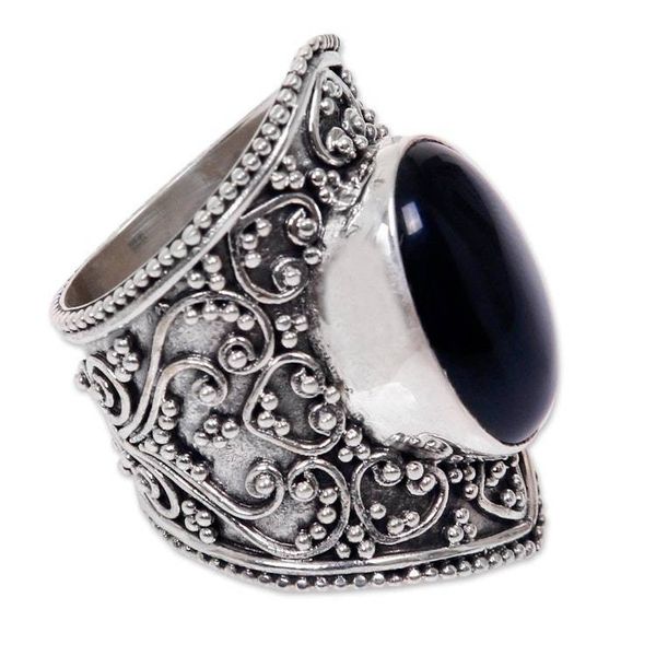 Alternate image for Hand Made Sterling Silver and Onyx Ring from Indonesia Moonlight in Black