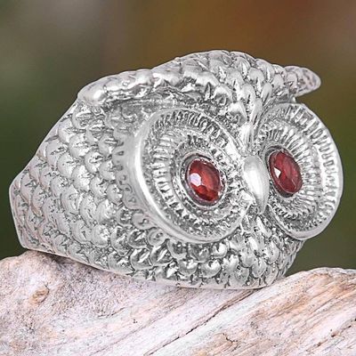 Primary image for Handmade Balinese Sterling Silver Owl Ring with Garnet Eyes Owl Eyes
