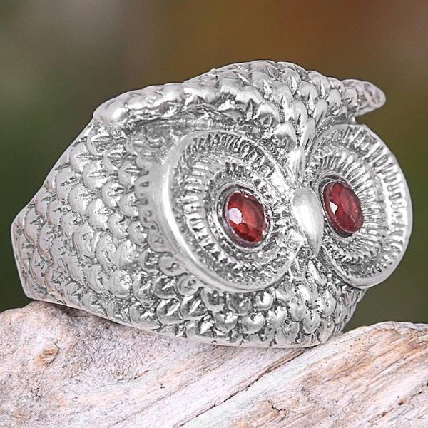 Alternate image for Handmade Balinese Sterling Silver Owl Ring with Garnet Eyes Owl Eyes