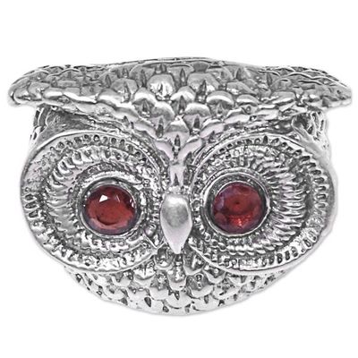 Alternate image for Handmade Balinese Sterling Silver Owl Ring with Garnet Eyes Owl Eyes
