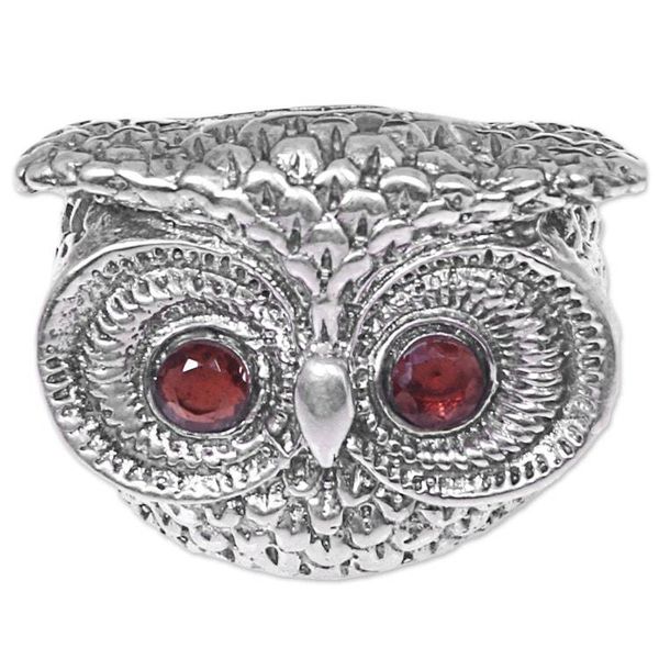 Alternate image for Handmade Balinese Sterling Silver Owl Ring with Garnet Eyes Owl Eyes